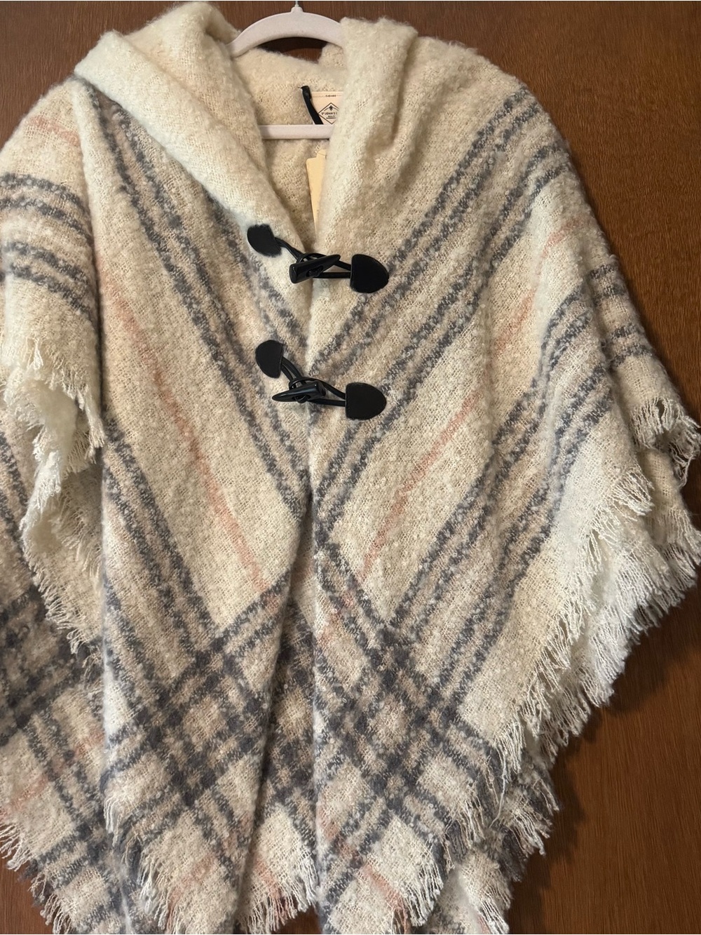 St. John's Bay Cream Knit Hooded Poncho with Gray & Blush Accents